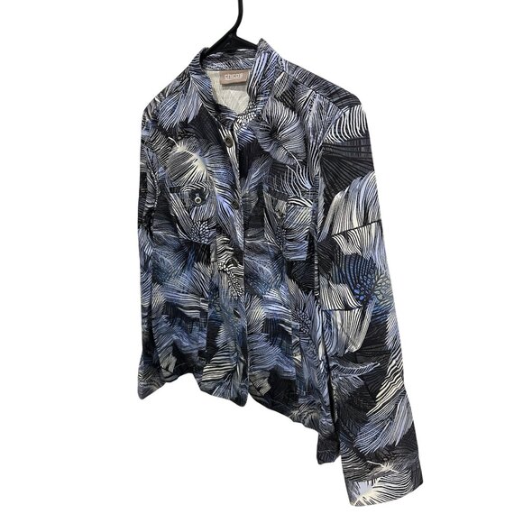 Chicos Womens Blue Black Feather Print Button-Up Jacket Sz Medium - Picture 3 of 10